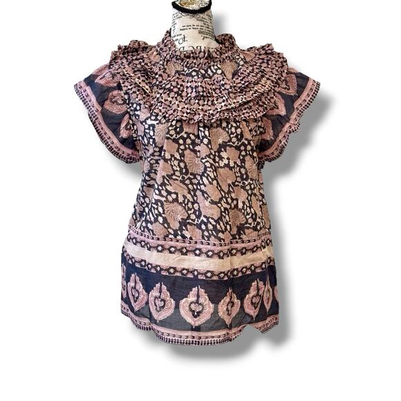 Sea New York Size M L Floral Ruffle Neck 100% Cotton Short Sleeve Blouse Top - Picture 2 of 7